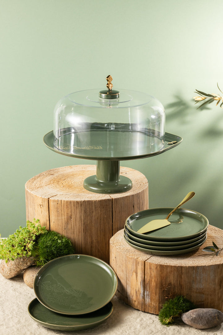 6 Plates And Stand With Acrylic Cover With Knife From Liqaa -  Olive + Gold