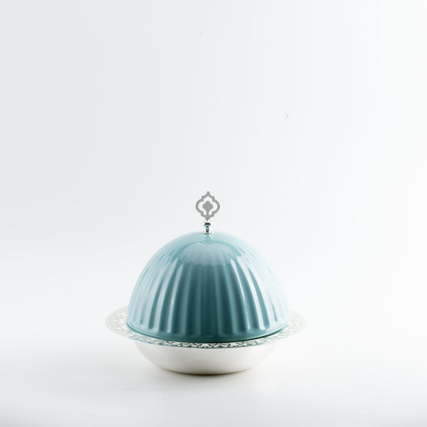 iron serving plate with porcelain cover - blue