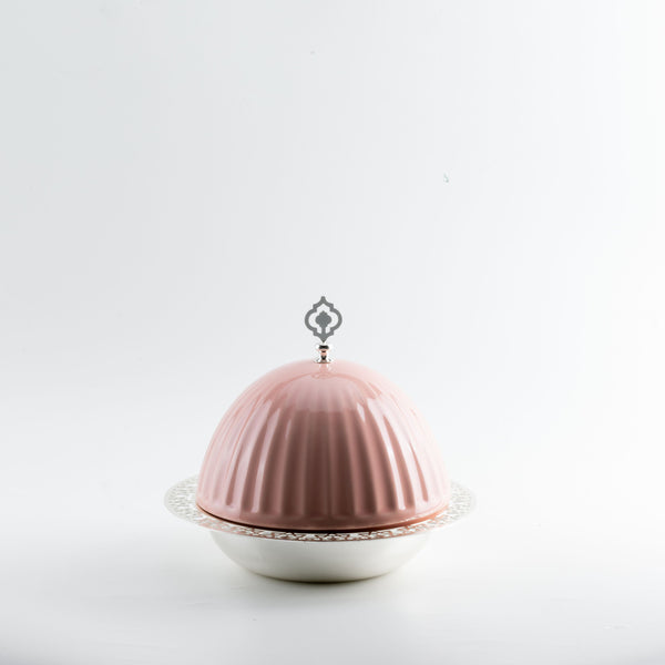 iron serving plate with porcelain cover - pink