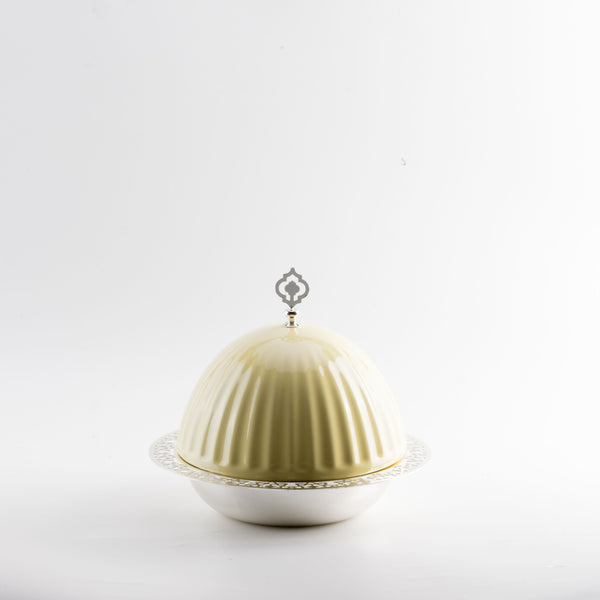 iron serving plate with porcelain cover - yellow