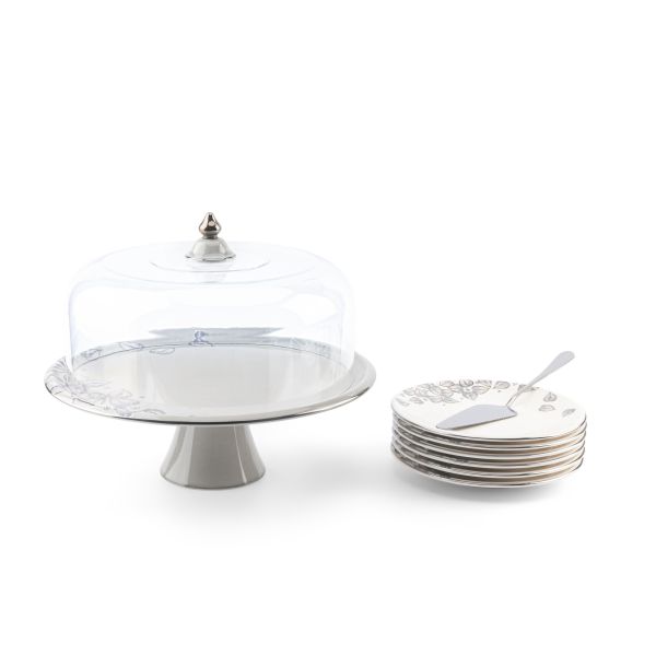 8pcs cake set ( 1big plate w foot n cover  6 small plate 1 ss cake server) - grey+silver   