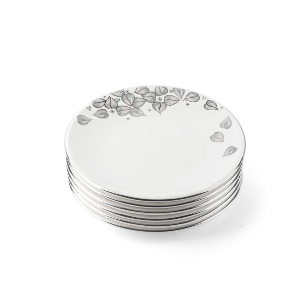8pcs cake set ( 1big plate w foot n cover  6 small plate 1 ss cake server) - grey+silver   