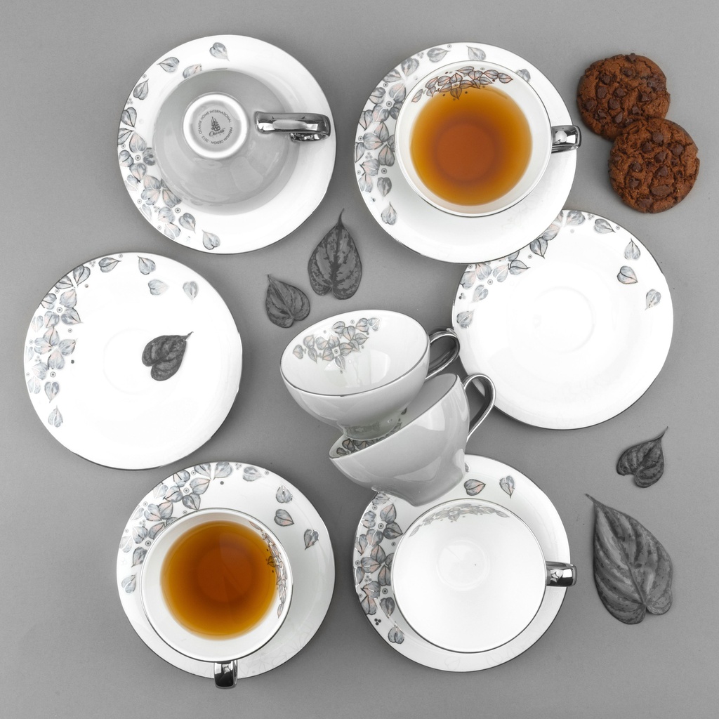 6cup 6saucer 200CC - white saucer grey cup+silver   