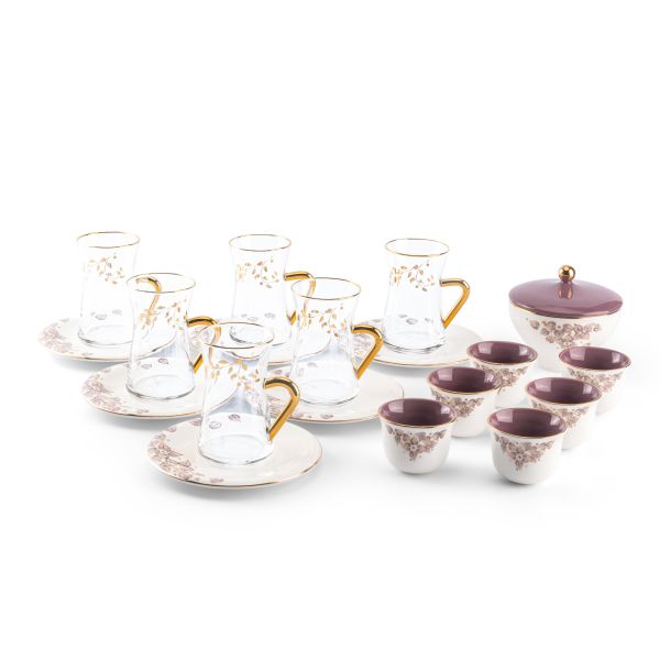 19pcs tea set ( 6 glass 6saucer 6 cawa 1 sugor) - purple+gold   