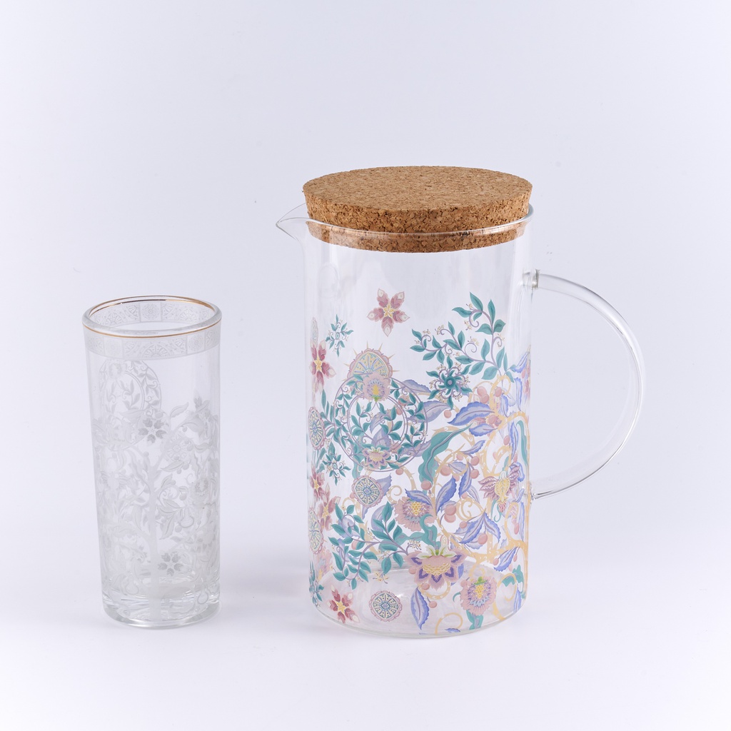 Glass Pitcher with cork + 4 Juice glasses in printed color box